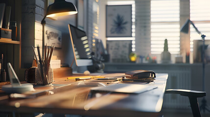 Poster - Working place at home on wooden table : Generative AI