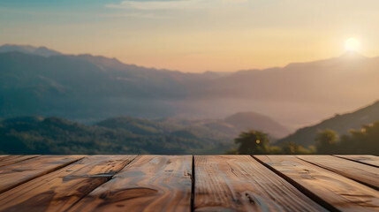 Leinwandbilder - Empty wooden table with blurred mountain view background Free space can be used for montage or product display design and advertising : Generative AI