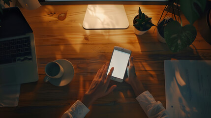 Leinwandbilder - hand woman using a telephone empty screen smart phone and computer on wooden table top view : Generative AI