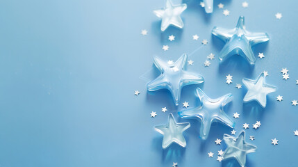 Fototapete - Stars on a bright pastel blue shiny background The view from the top Minimalism Selective focus : Generative AI