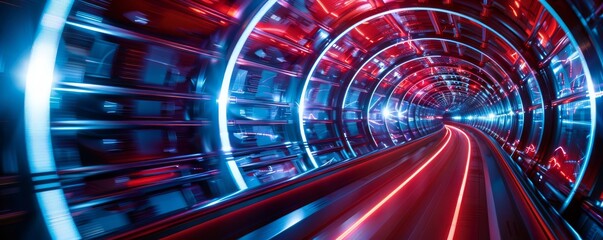 Advanced technology tunnel with a hypnotic array of red and blue lights, evoking the feel of rapid movement and innovation