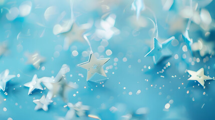 Fototapete - Stars on a bright pastel blue shiny background The view from the top Minimalism Selective focus : Generative AI
