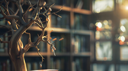 Fototapete - Wooden tree with books on blur background of library with bookshelf Flawless : Generative AI