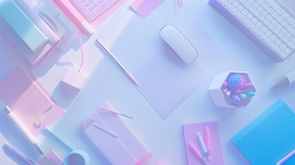 Fototapete - Top view of office workplace with various supplies and copy space Mock up : Generative AI