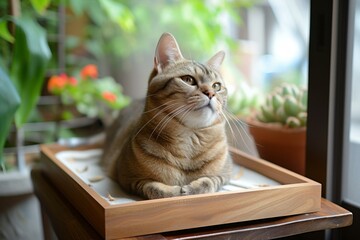 Poster - Serene tabby cat sits by a window, surrounded by lush indoor plants, bathed in soft natural light