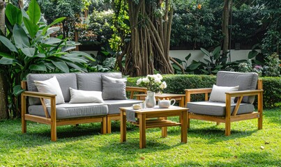 an outdoor furniture set consisting of two single chairs with and a sofa with cushioning