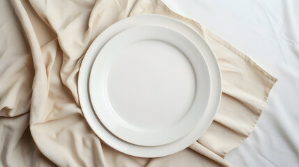 Poster - Top view on colored background empty round white plate on tablecloth for food Empty dish on napkin with space for your design : Generative AI