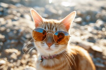 Poster - Stylish ginger cat wearing sunglasses basks in the warm sun on a pebbly surface