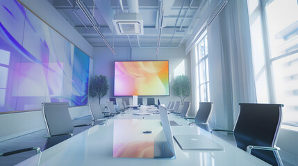 Leinwandbilder - Empty Conference Room for Team Meetings in Modern Creative Agency with Art on Walls and Desks with Computers Office Space with Project Plan Presentation on Digital Whiteboard Monitor : Generative AI