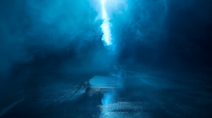 Poster - Dark empty scene blue neon searchlight light wet asphalt smoke night view rays : Generative AI