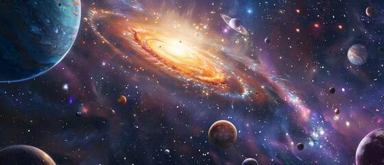 vibrant rainbow galaxy filled with stars and planets