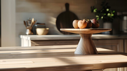 Aufkleber - Wooden pedestal on table in kitchen interior and free space for your decoration : Generative AI