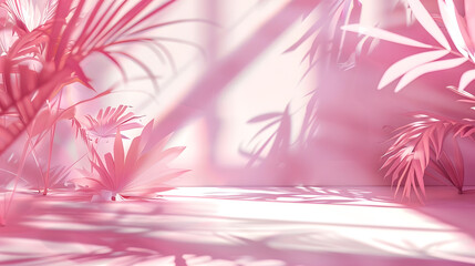 Poster - Abstract pink color gradient studio background for product presentation Empty room with shadows of window and flowers and palm leaves  3d room with copy space Summer concert Blurred ba : Generative AI