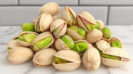 Poster -   Pistachios rest atop a white countertop, adjacent to a white-tiled wall