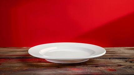 Empty white plate on wooden table over red grunge background : Generative AI