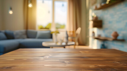 Poster - Table Top And Blur Living Room Of The Background : Generative AI