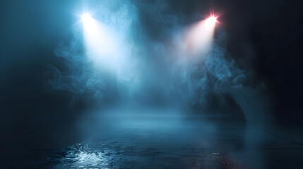 Poster - Dark street asphalt abstract dark background empty dark scene neon light spotlights The concrete floor and studio room with smoke float up the interior texture for display products Nig : Generative AI