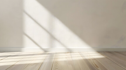 Leinwandbilder - Aesthetic geometric sunlight shadows on white textured wall and beige wooden floor empty template for home room interior product background for branding design showcase copy space : Generative AI