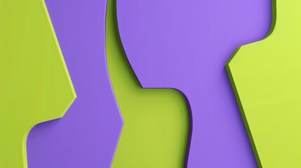 A bold and vibrant abstract design featuring geometric shapes in purple and green. The dynamic composition and bright colours create a playful and modern aesthetic with a striking visual contrast.