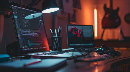 Poster - laptop computer with screen and stationery on dark table : Generative AI