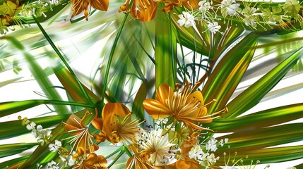 Wall Mural -   Close-up of white background with green leaves and flowers in foreground