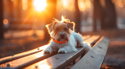 Wall Mural - an orange collar for a small dog lies on an empty bench in the park : Generative AI