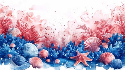 Watercolor background of sea world with sea shells and stars blue and red color with copy space