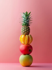 Wall Mural - Creative levitation fresh fruit stack of pineapple, watermelon and apple on pink color background
