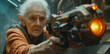 Elderly Woman in Orange Wool Sweater and Gray Wool Shawl with Futuristic Laser Gun