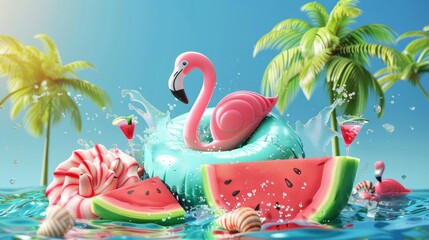 Summer vacation. Flamingo inflatable toy, watermelon, palm trees, shell, water splash 3d render vector realistic elements 