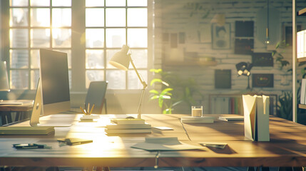 Poster - Interior of a modern light small company office Workspace office stationery and business environment comfort for interaction and development : Generative AI