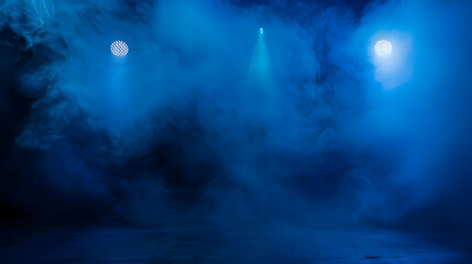 Poster - The dark stage shows dark blue  background an empty dark scene neon light spotlights The asphalt floor and studio room with smoke float up the interior texture for display products : Generative AI