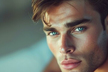 Poster - Closeup portrait of a young male with captivating blue eyes and a thoughtful expression