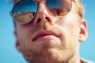 Canvas Print - Closeup of a young man's face wearing sunglasses, looking up against a clear blue sky