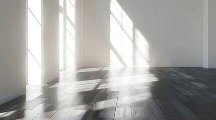Aufkleber - Perspective of the sun light cast the shadow on white empty room and dark laminate wood floorclassic interior styleblank space architecture : Generative AI