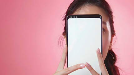 Aufkleber - Advertising Concept Portrait of excited asian lady peeking out big giant vertical smartphone with white blank screen presenting device display Gadget with empty free space for mock up  : Generative AI