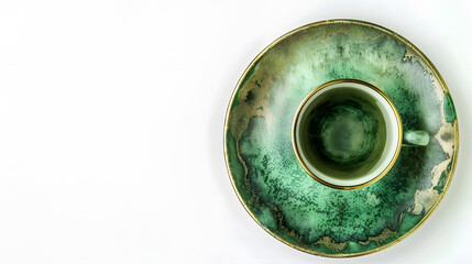 Aufkleber - Top viewAntique green plate made of jade and brass With beautiful patterns plate tea or coffee and hot water isolated on white background : Generative AI
