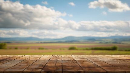 Leinwandbilder - The empty wooden brown table top with blur background of farmland and blue sky Exuberant image : Generative AI