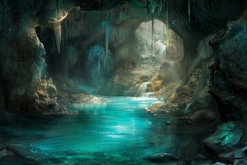 Wall Mural - Mystical cave with a tranquil blue lake, illuminated by natural light from above