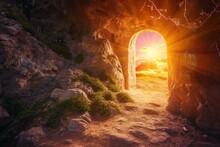 A Scenic View Of A Cave Opening To A Vibrant Sunset, Creating A Magical Atmosphere