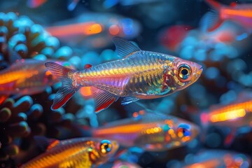 School of Neon Tetras with glowing bodies, perfect for freshwater aquarium themes.