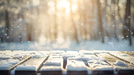 Aufkleber - Vintage winter background Empty wooden table blurry forest snow sunshine and bookeh effect : Generative AI