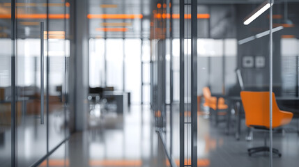 Aufkleber - Beautiful blurred background of a modern office interior in gray tones with panoramic windows glass partitions and orange color accents : Generative AI