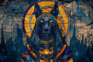 A stained glass window of a dog with a golden headdress and a golden crown