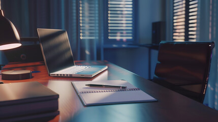 Fototapete - Office table with blank notepad and laptop : Generative AI