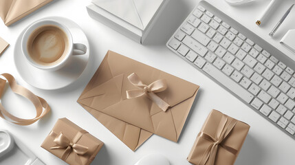 Poster - Top view of office stationery and accessories computer keyboard gift boxes envelope and cup of latte coffee  Minimalistic flat lay vintage styled home office desk workspace : Generative AI