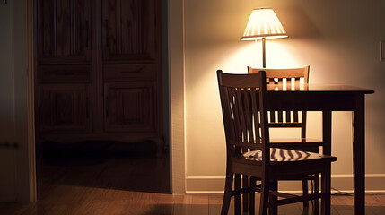 Leinwandbilder - An empty wood dining table and chair with a lighting lamp glowing lonely abstract feeling Home interior furniture object photo : Generative AI