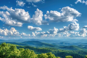Wall Mural - Blue Sky Hills. Beautiful Mountain Landscape with Forest and Calm Background