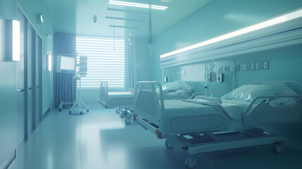 Poster - Recovery Room with beds and comfortable medical Interior of an empty hospital room Clean and empty room with a bed in the new medical center : Generative AI