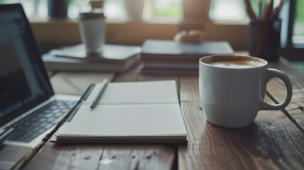 Poster - Blank notepad with hot coffee on office table : Generative AI